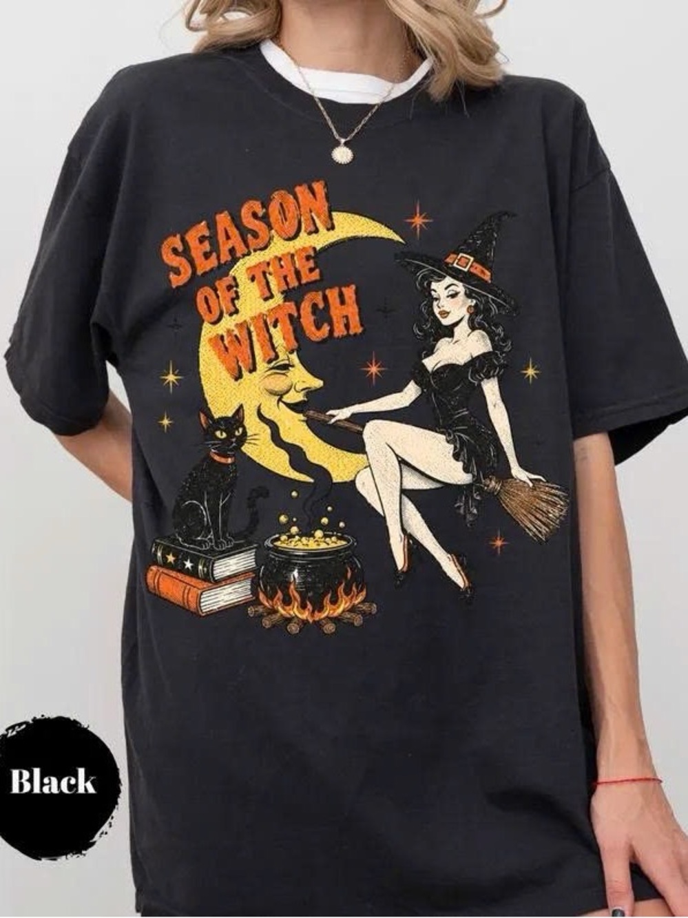 Black 'Season of the Witch' Graphic Tee with Orange & Yellow Art